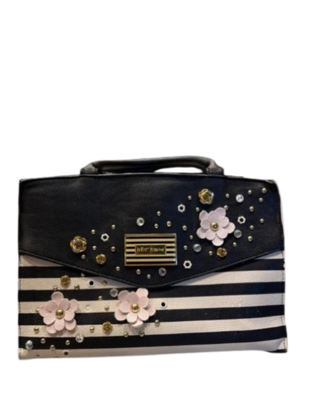 Betsey Johnson Black & White Striped Mini Satchel with Pink Floral Accents